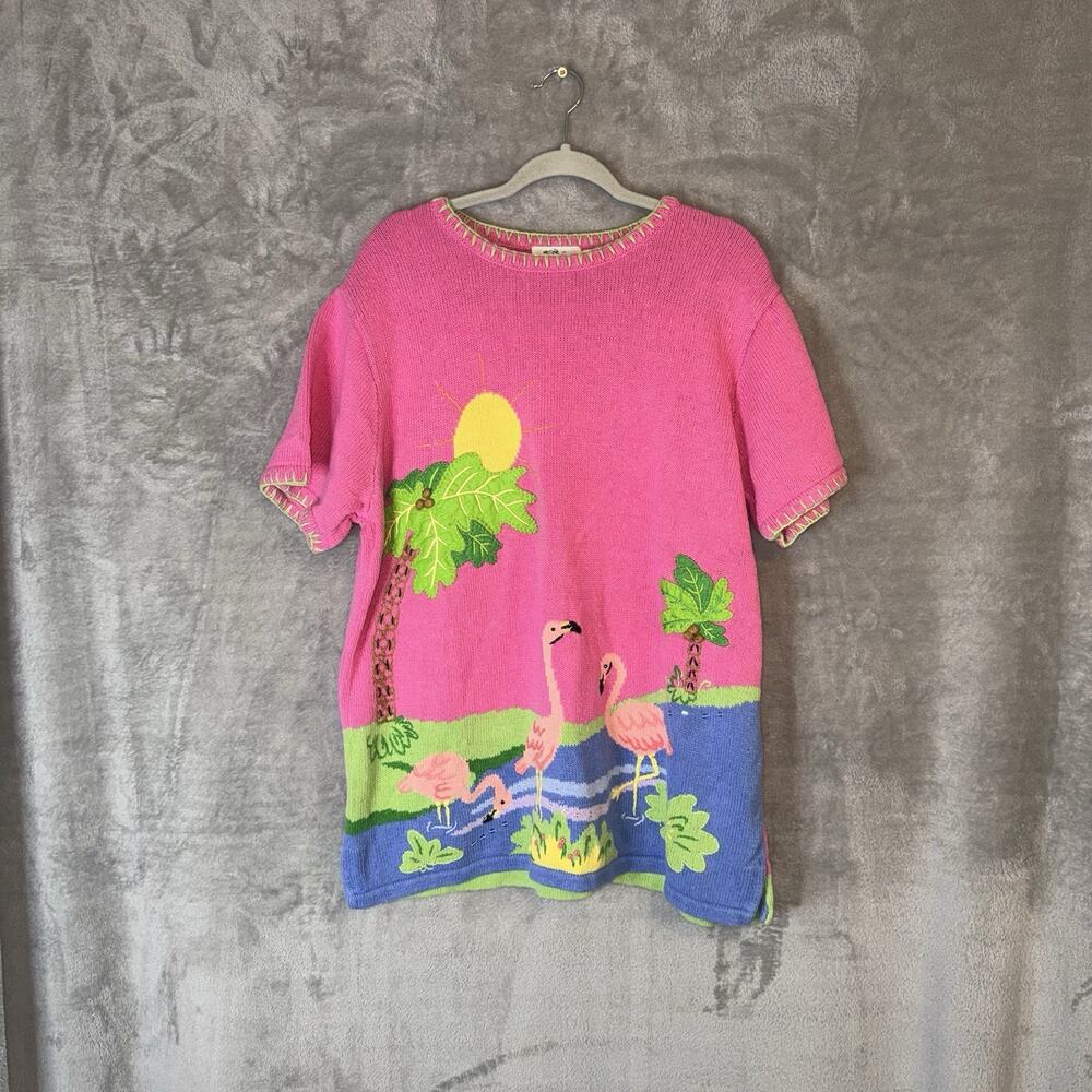 Vintage Quacker Factory Pink Flamingos Palm Trees Sweater Size 1X